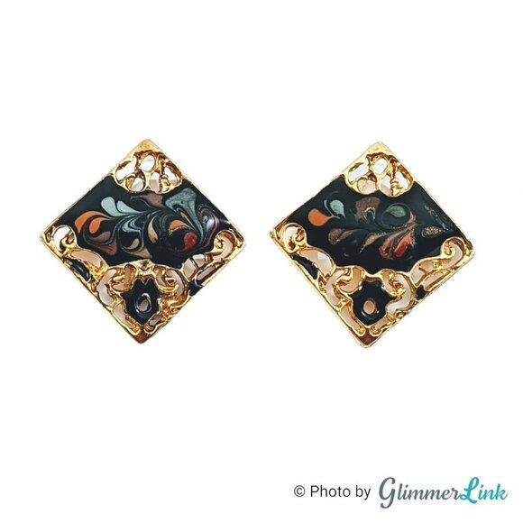 Vintage Diamond Shaped Filigree Enamel Swirls Earrings - Picture 1 of 9